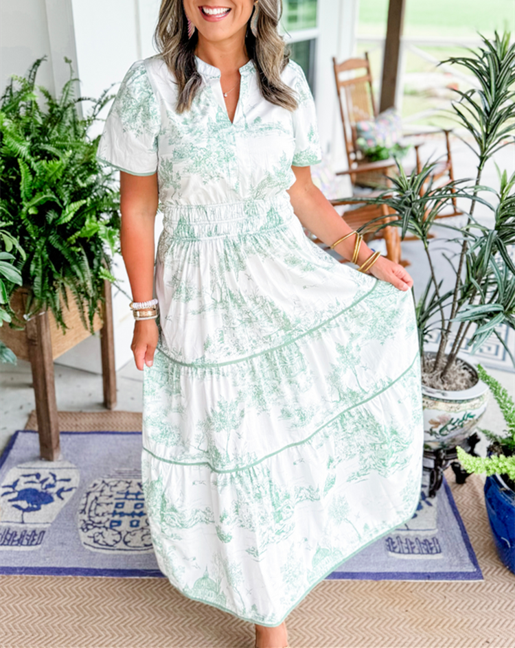 Women's toile print tiered maxi dress with a smocked waist and soft V-neckline