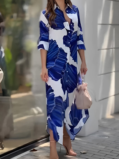 Women's flowing print collared maxi dress in blue