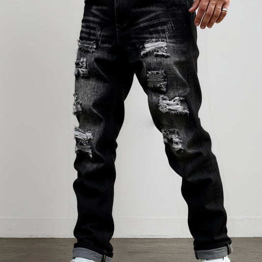 Men's distressed relaxed straight-leg jeans in dark gray denim, front view
