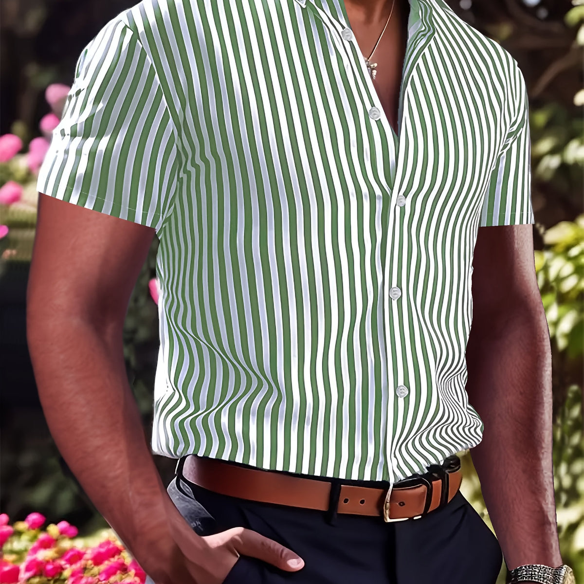 Kessoro men's striped short sleeve button-up shirt in pink, yellow-green and blue – view 10