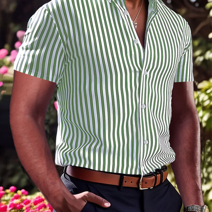 Kessoro men's striped short sleeve button-up shirt in pink, yellow-green and blue – view 10