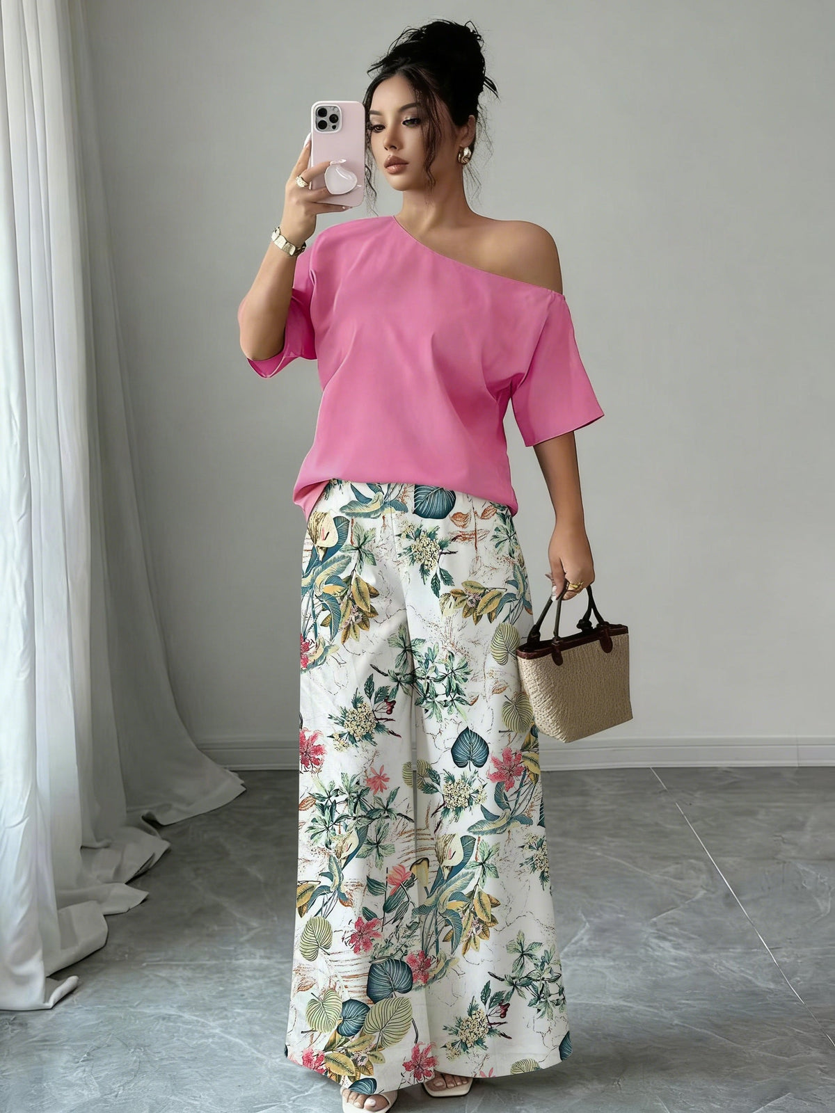 Kessoro women's off-shoulder wide-leg two-piece set in blue and pink, view 2