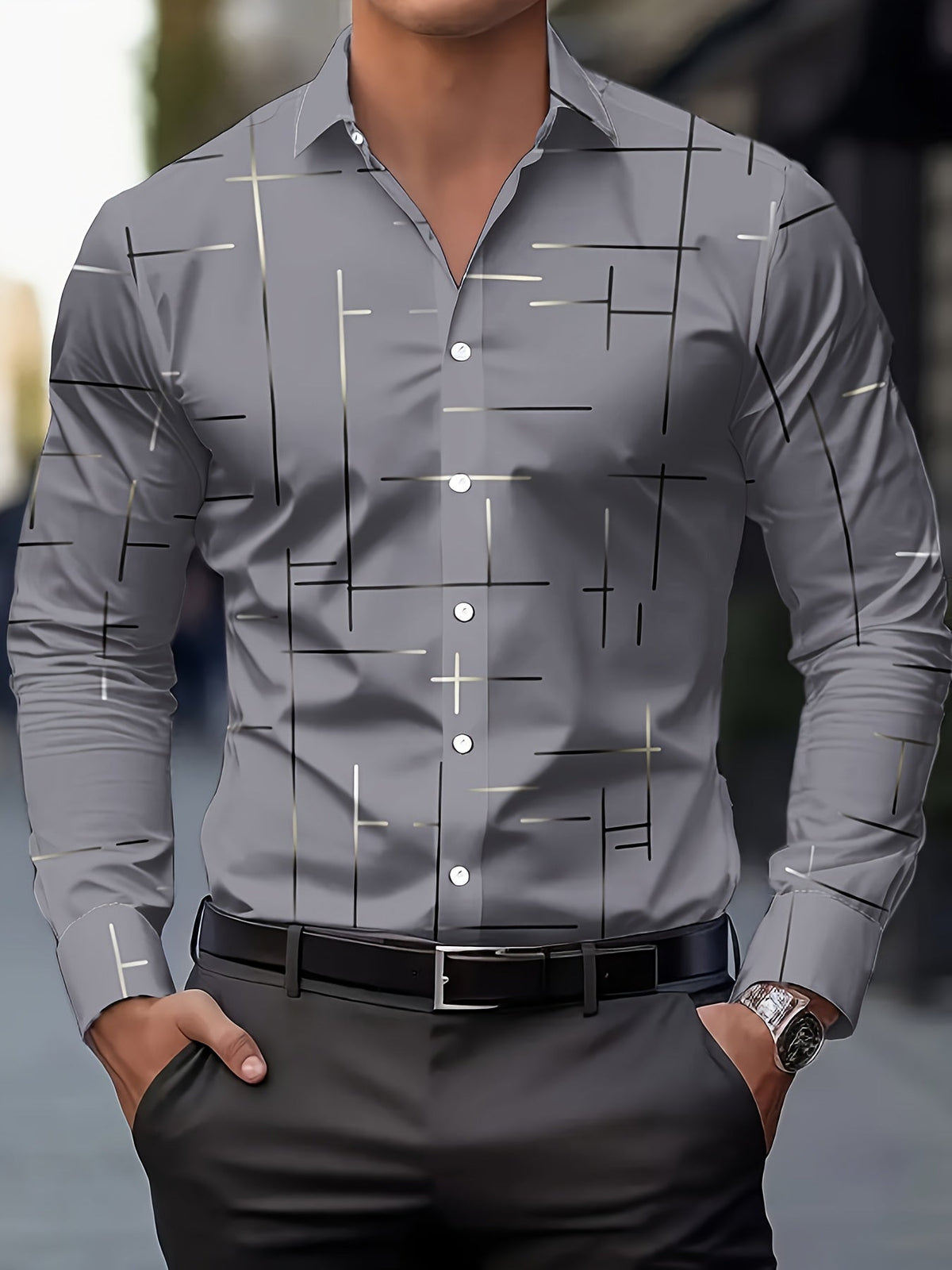 Men's line-print regular fit button-up shirt in navy, malachite green, orange yellow and pink, view 7