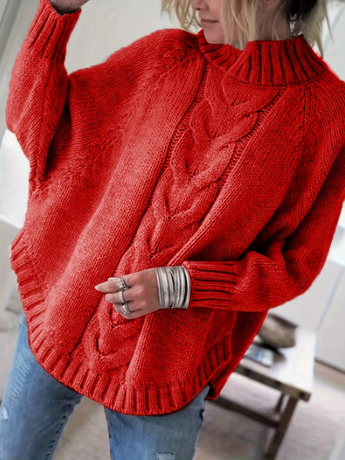 Women's cable-knit high-neck chunky sweater in a soft grey, pink and red colour family (view 7)