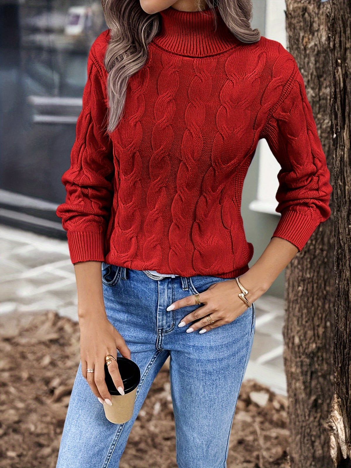 Kessoro women's cable-knit turtleneck sweater in red, black, grey, royal blue, violet, white and pink - product view 6