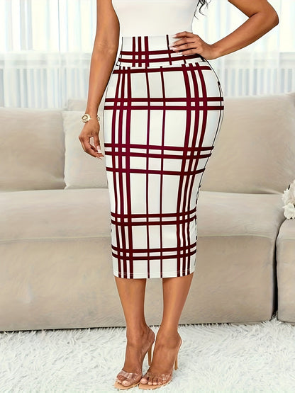 Kessoro women's plaid high-waist pencil skirt in white, burgundy and pink - product view 7