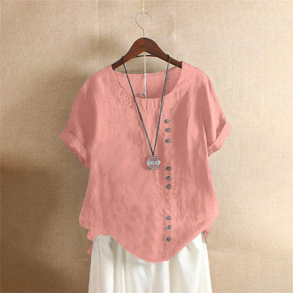 Women's asymmetrical button detail lightweight summer blouse in nine colourways, shown for womenswear styling