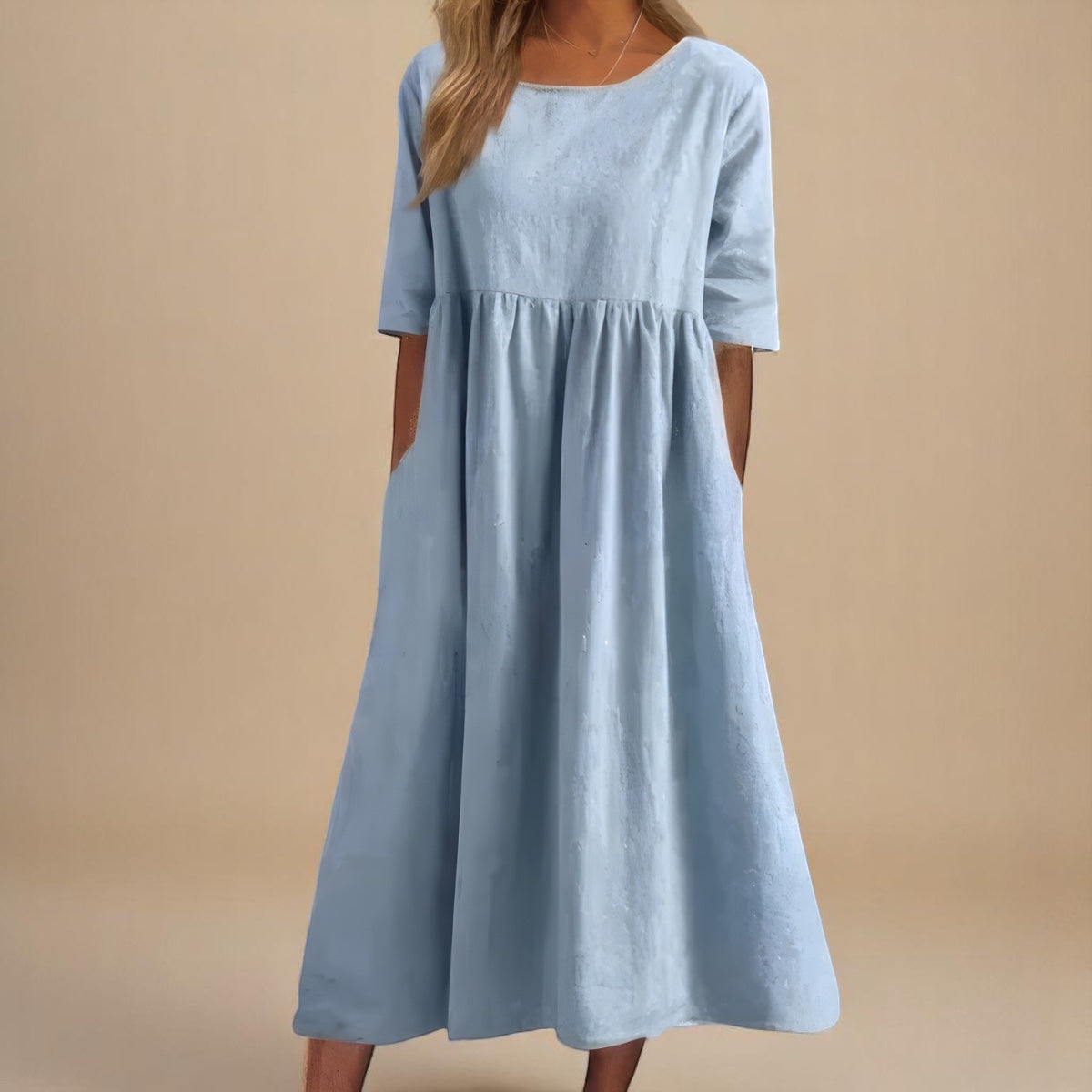 Women's round neck A-line midi dress in blue, pink, green, black, gray and white