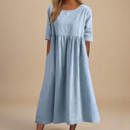 Women's round neck A-line midi dress in blue, pink, green, black, gray and white