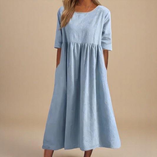 Women's round neck A-line midi dress in blue, pink, green, black, gray and white
