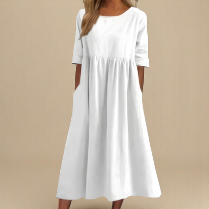 Women's round neck A-line midi dress in blue, pink, green, black, gray and white
