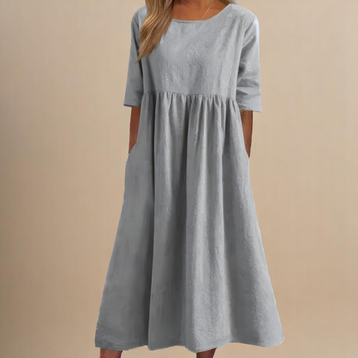 Women's round neck A-line midi dress in blue, pink, green, black, gray and white