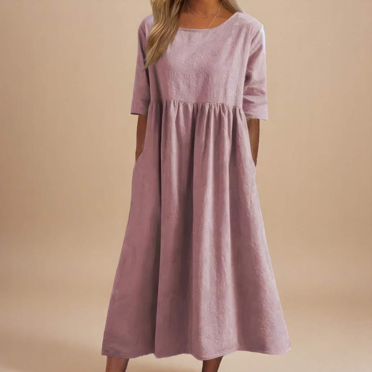 Women's round neck A-line midi dress in blue, pink, green, black, gray and white