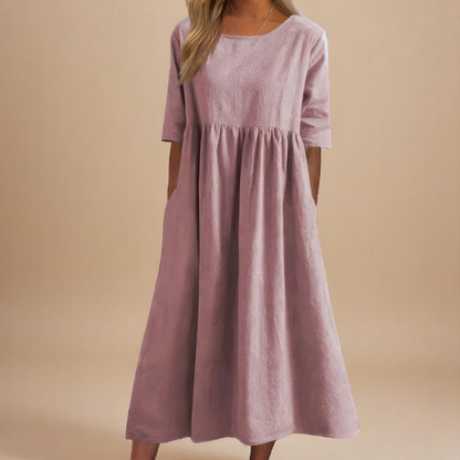 Women's round neck A-line midi dress in blue, pink, green, black, gray and white
