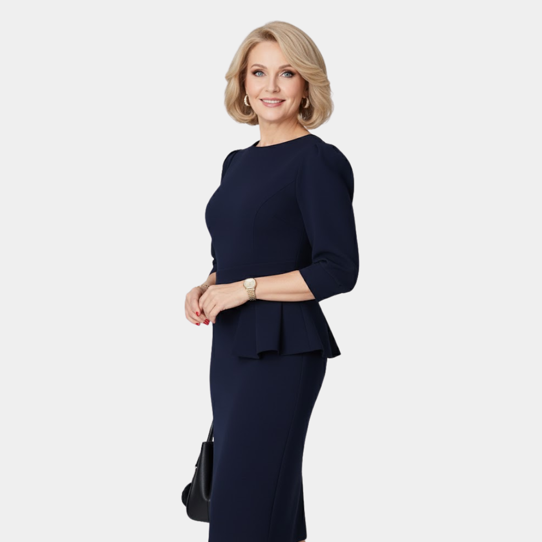 Women's sculpted peplum midi dress in navy, black, red, purple and white — Kessoro, image 4 of 10
