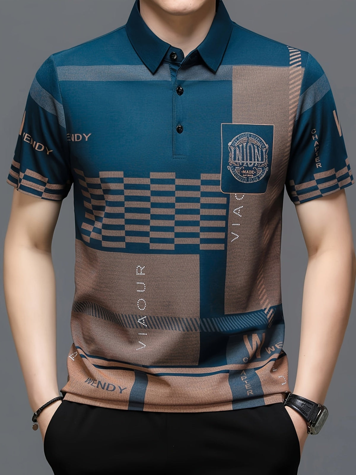 Men's colorblock short-sleeve polo shirt in black, navy blue and white — Kessoro, image 7 of 14