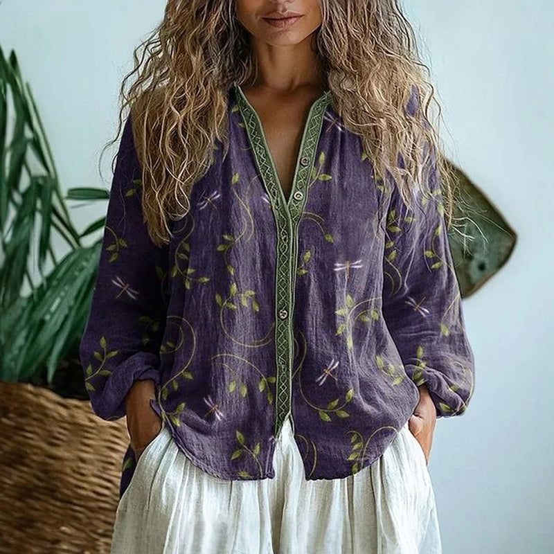 Women's vintage leaf print button-down blouse in lightweight fabric