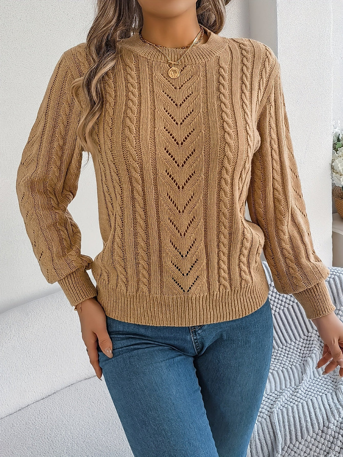 Kessoro Women's Cable-Knit Round Neck Sweater in khaki, grey and orange-red - women's apparel, view 6 of 21