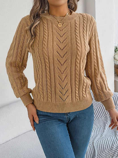 Kessoro Women's Cable-Knit Round Neck Sweater in khaki, grey and orange-red - women's apparel, view 6 of 21