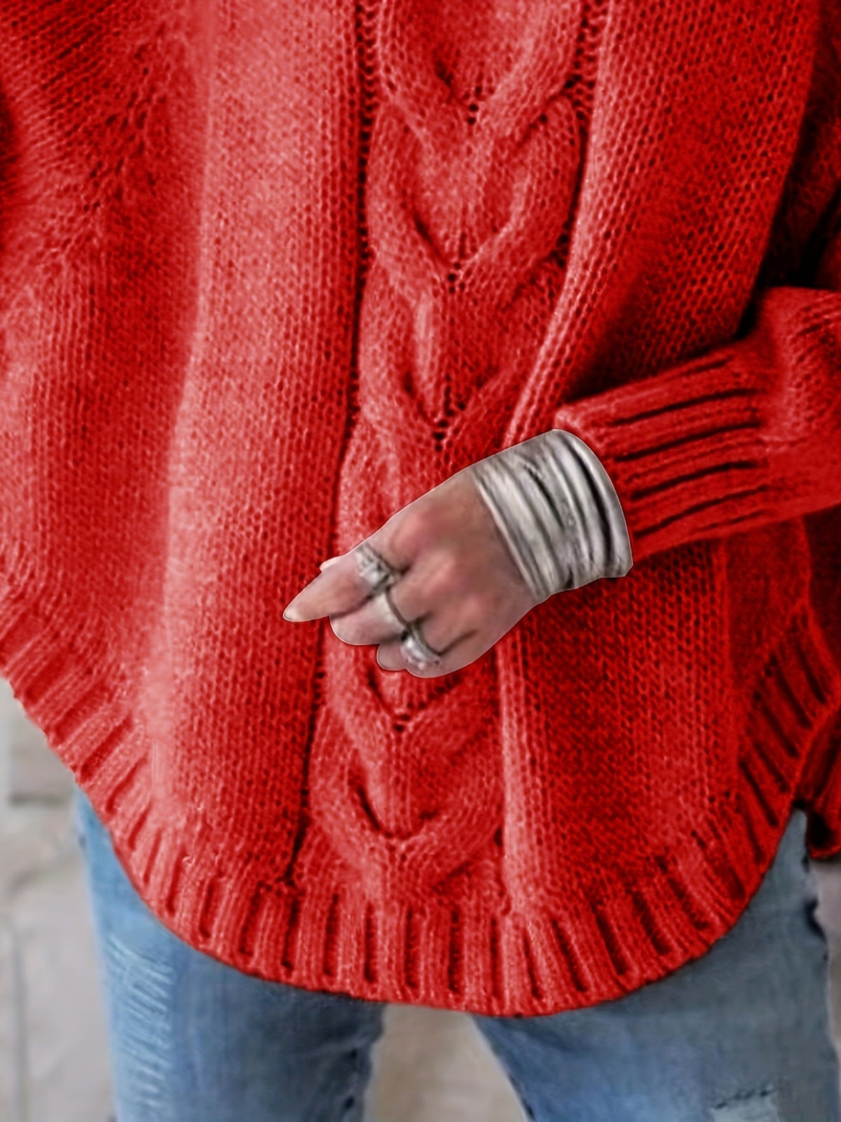Women's cable-knit high-neck chunky sweater in a soft grey, pink and red colour family (view 11)
