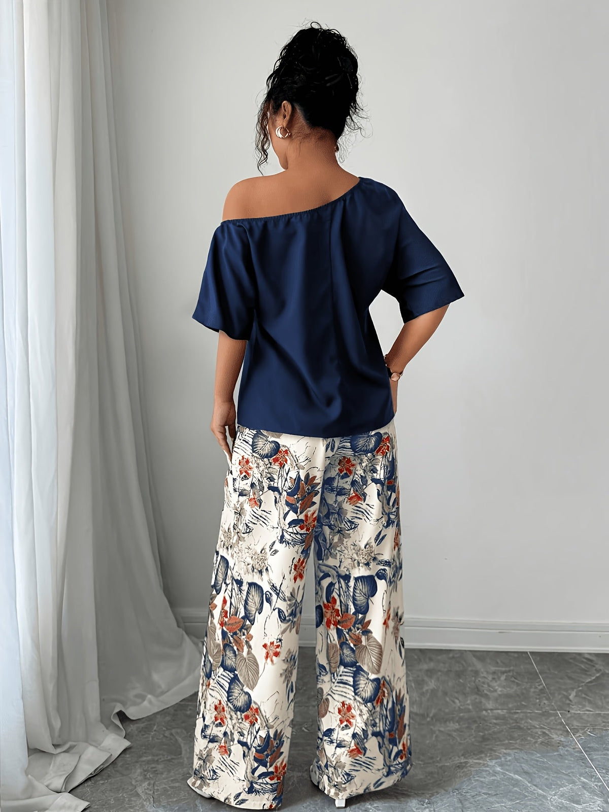 Kessoro women's off-shoulder wide-leg two-piece set in blue and pink, view 5