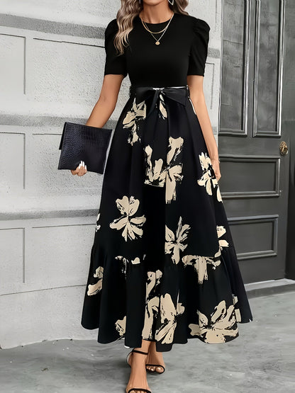 Women's puff-sleeve floral maxi dress in black
