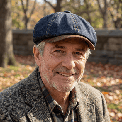 Kessoro unisex denim eight-panel newsboy cap in brown and navy blue
