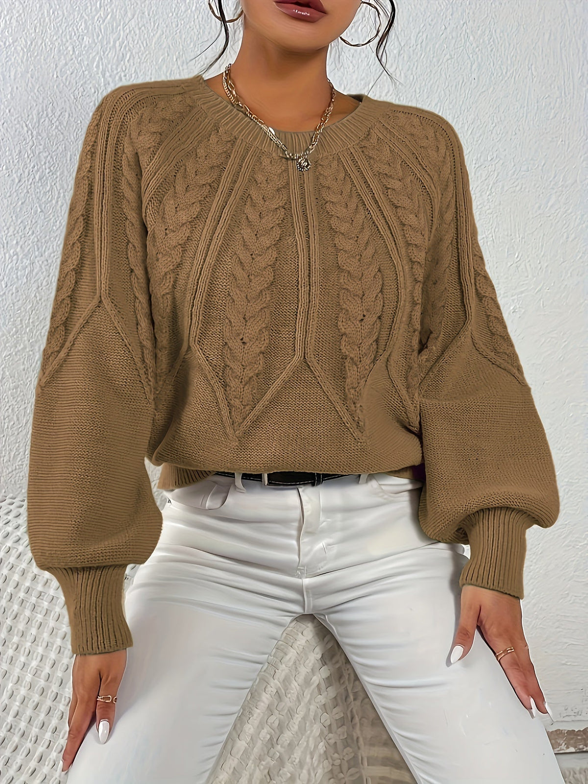 Kessoro women's relaxed cable-knit lantern-sleeve sweater in matcha, beige, burgundy, navy and camel