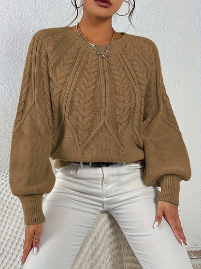 Kessoro women's relaxed cable-knit lantern-sleeve sweater in matcha, beige, burgundy, navy and camel