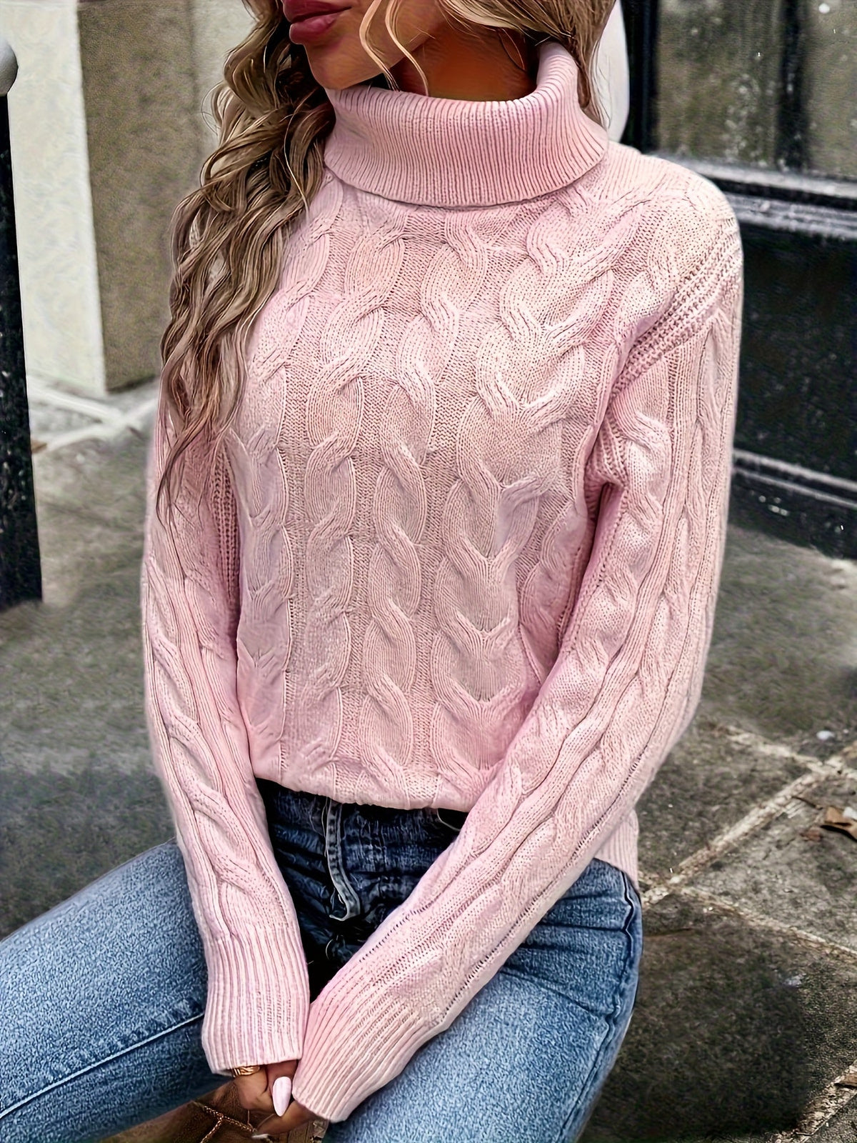 Kessoro women's cable-knit turtleneck sweater in red, black, grey, royal blue, violet, white and pink - product view 47