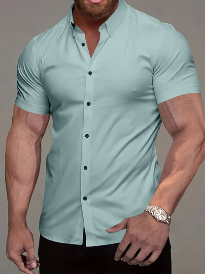 Kessoro men's refined short-sleeve button-up shirt shown in eleven colourways including white, black, navy and army green on a male model
