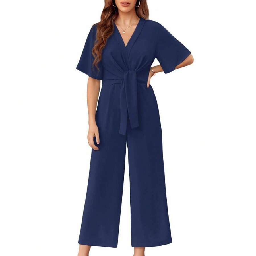 Kessoro women's tie-knot summer jumpsuit in black, beige, blue, grey and pink