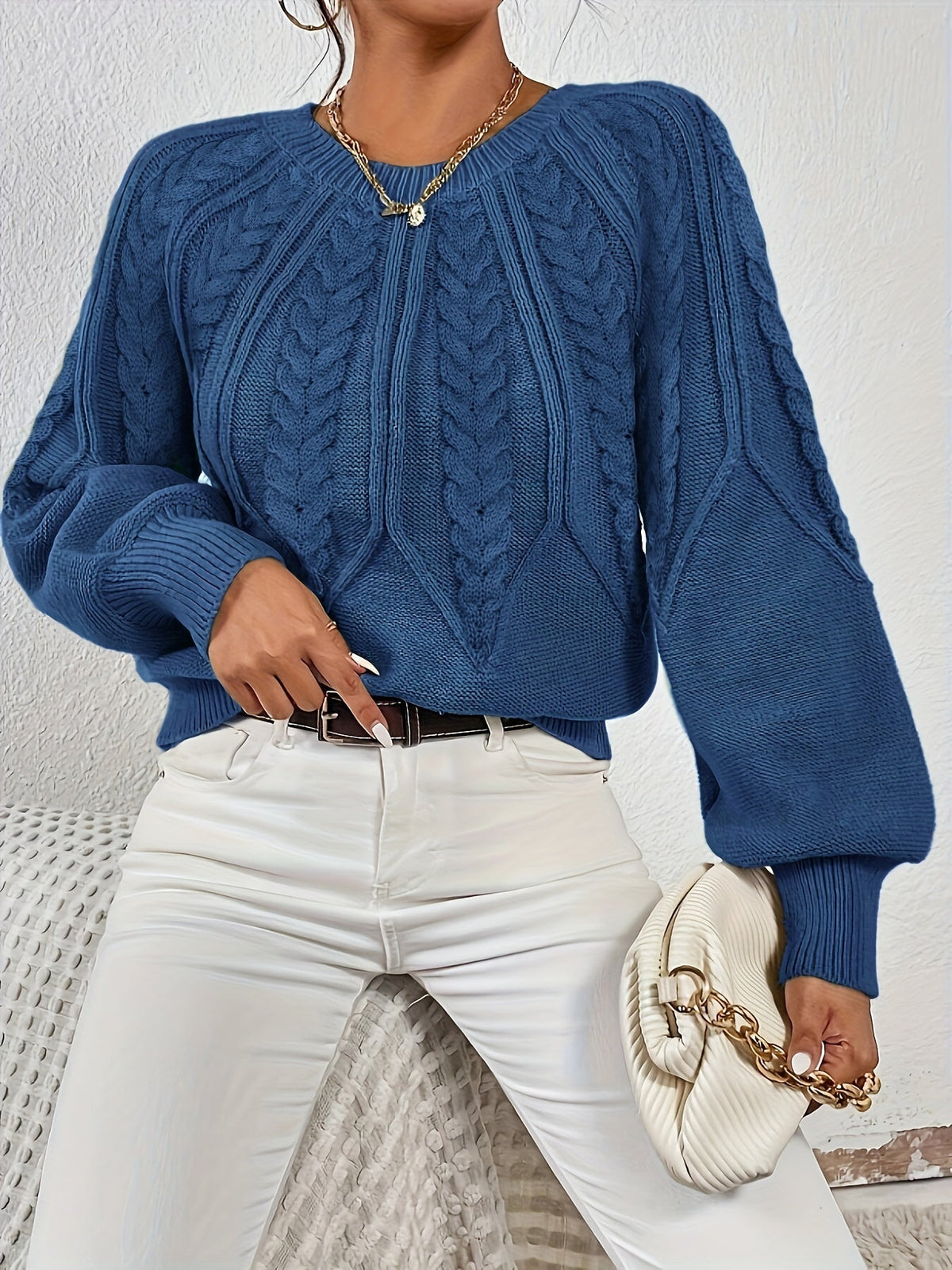Kessoro women's relaxed cable-knit lantern-sleeve sweater in matcha, beige, burgundy, navy and camel