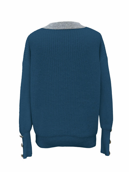 Kessoro women's sea blue button-trim V-neck knit pullover sweater - view 2 of 3