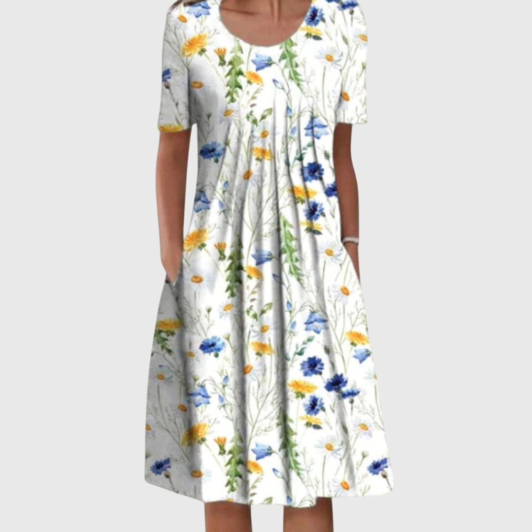 Kessoro women's round neck floral print layered dress in red flowers, yellow flowers, light blue and blue