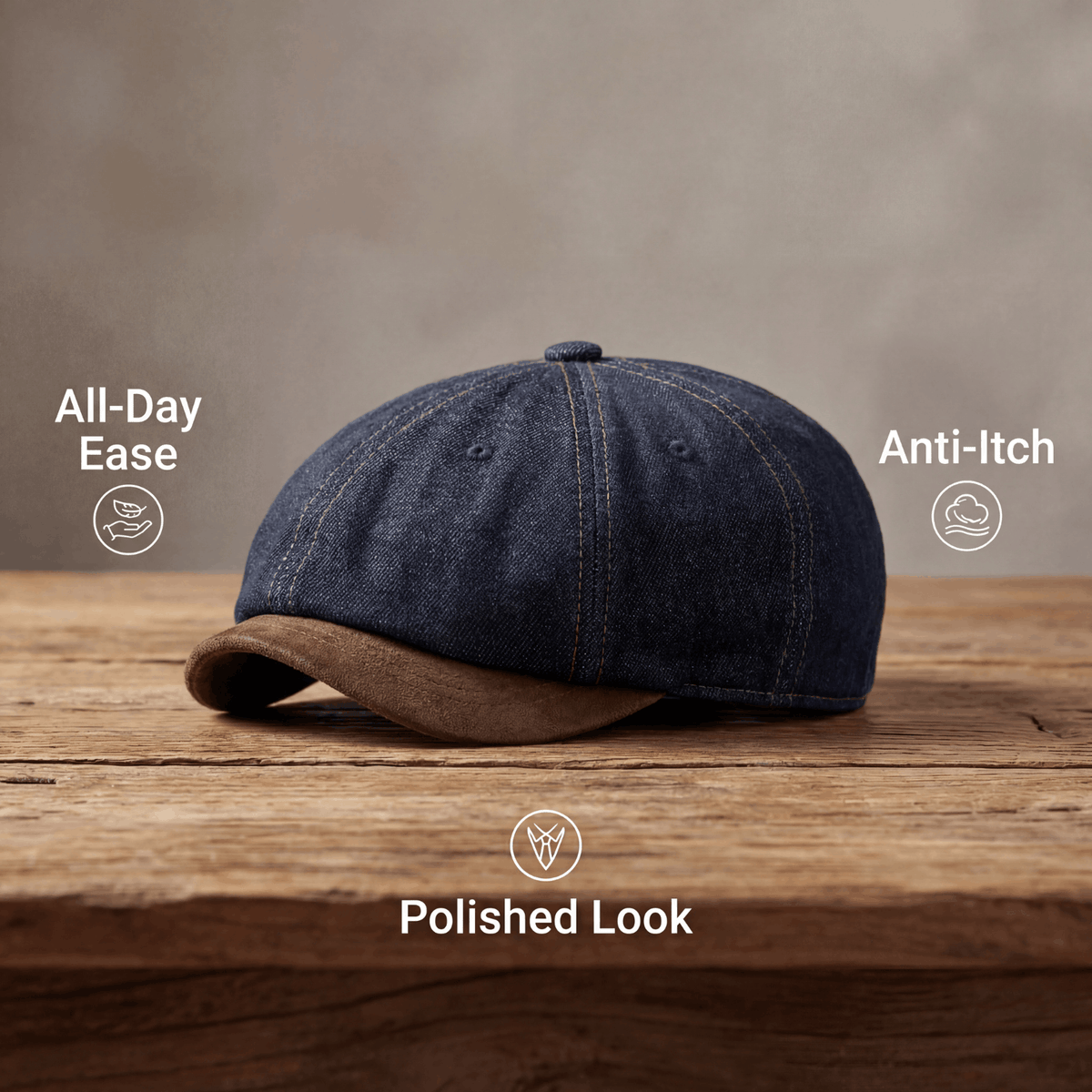 Kessoro unisex denim eight-panel newsboy cap in brown and navy blue