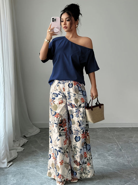 Kessoro women's off-shoulder wide-leg two-piece set in blue and pink, view 1