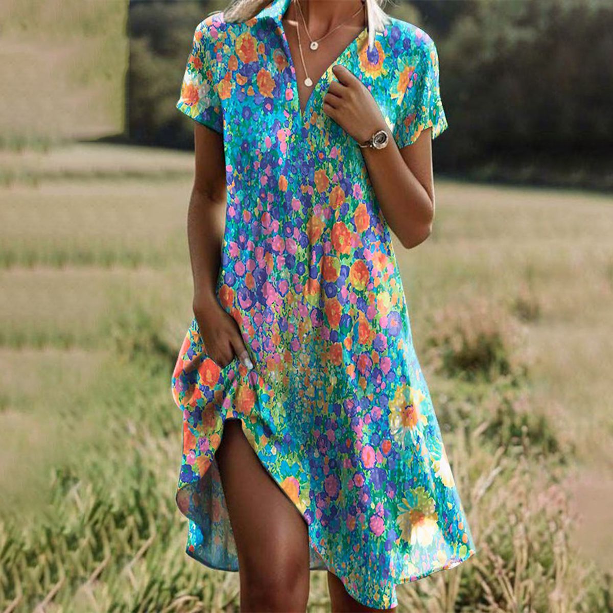 Women's A-line lightweight summer dress with a refined neckline