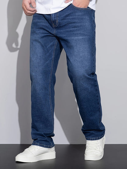 Men's mid-rise straight-leg stretch jeans in blue and black denim, back view