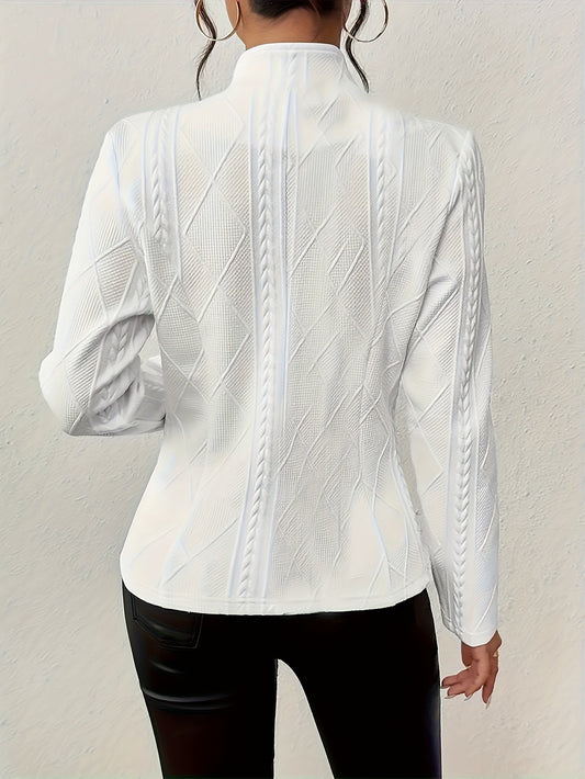 Women's waist-defining textured blazer in white, black, grey and pink tones, front view
