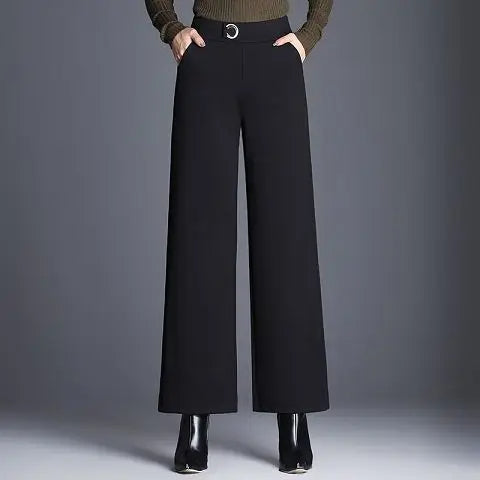 Kessoro Women's Checked High-Waist Wide-Leg Trousers in plaid black, solid black and houndstooth gray — close-up of the collar and trim