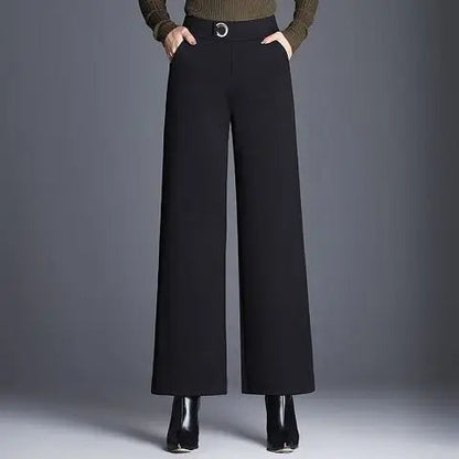 Kessoro Women's Checked High-Waist Wide-Leg Trousers in plaid black, solid black and houndstooth gray — close-up of the collar and trim