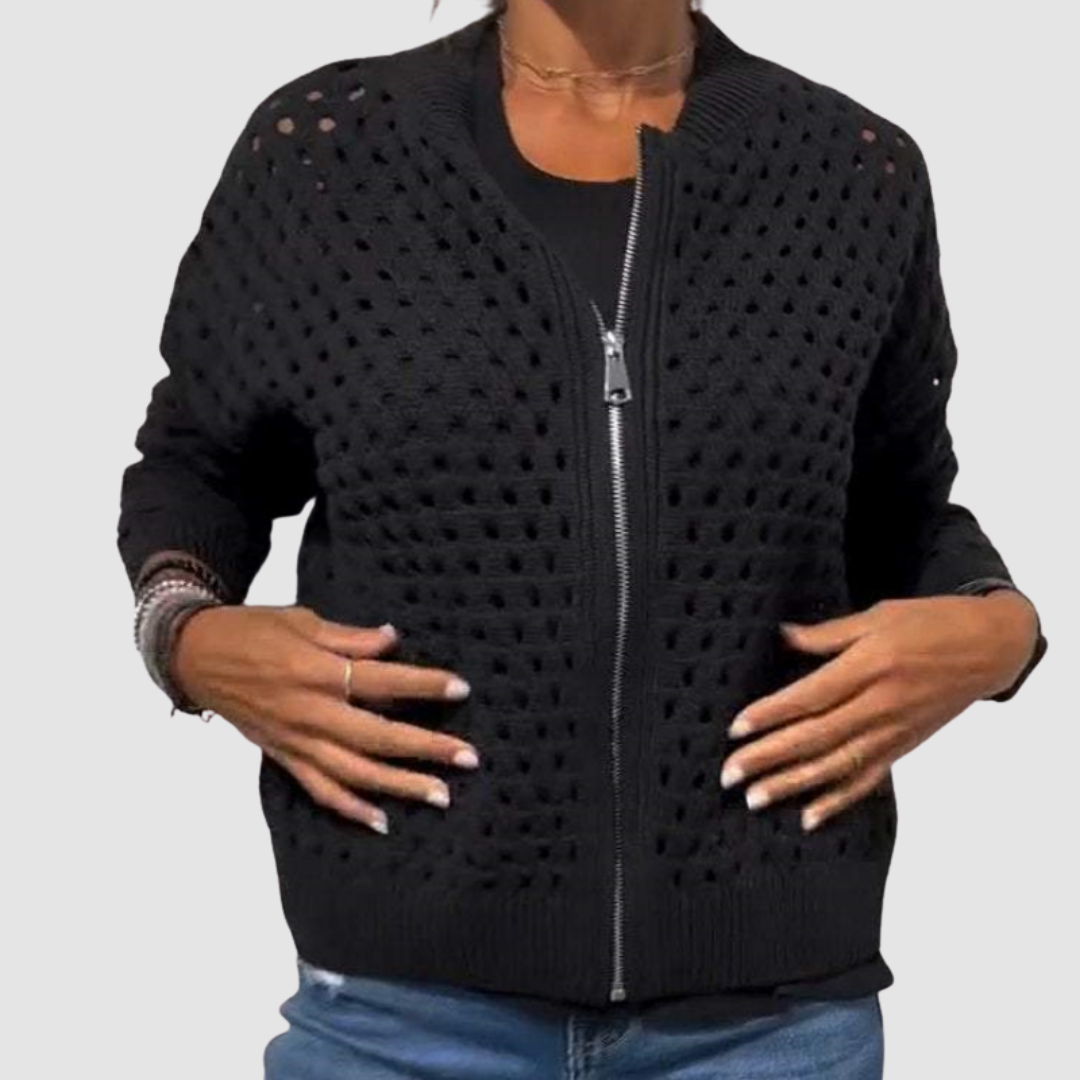 Women's open-knit zip-front cardigan in neutral and jewel-tone colorways