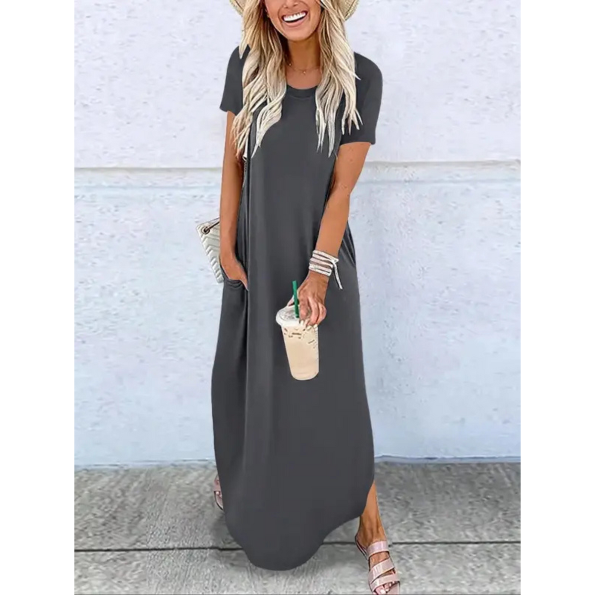 Kessoro women's round-neck casual summer maxi dress in gray, blue, emerald, black and striped prints