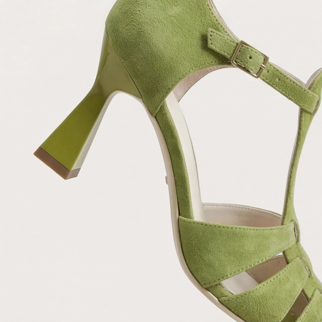 Women's green closed-toe strap heels