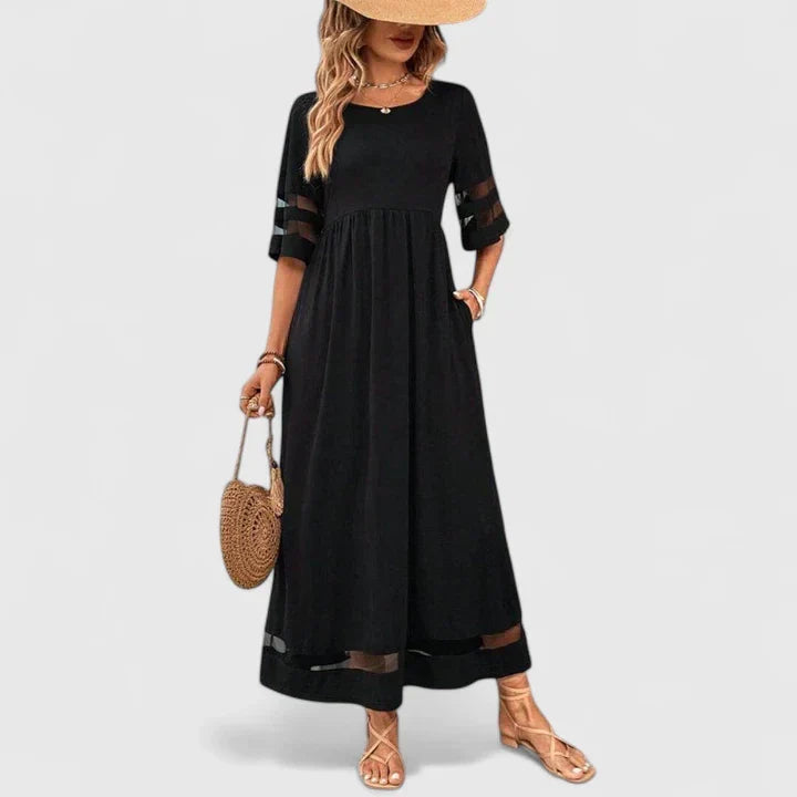Women's empire waist midi dress with round neck and mid sleeves in black, red and green