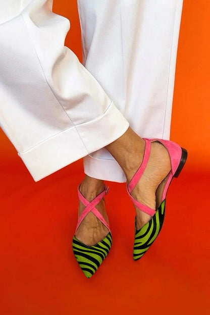 Kessoro women's zebra print cross strap flats in pink, fuchsia, purple and green