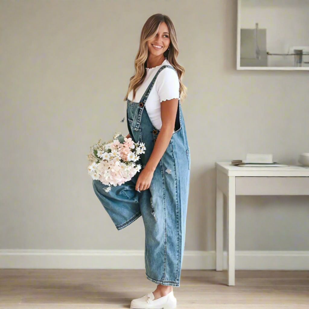 Kessoro women's vintage-style adjustable plain jumpsuit in blue and grey colourways