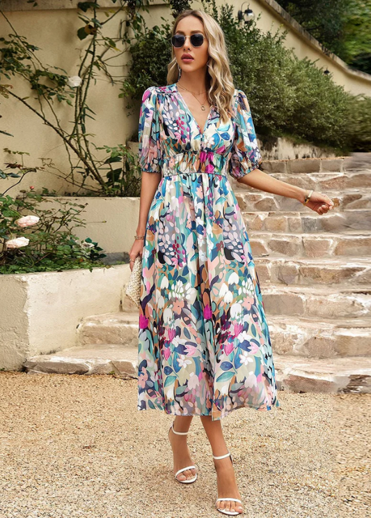 Women's floral print midi dress with a smocked waist and flowing skirt in bright multicolour shades