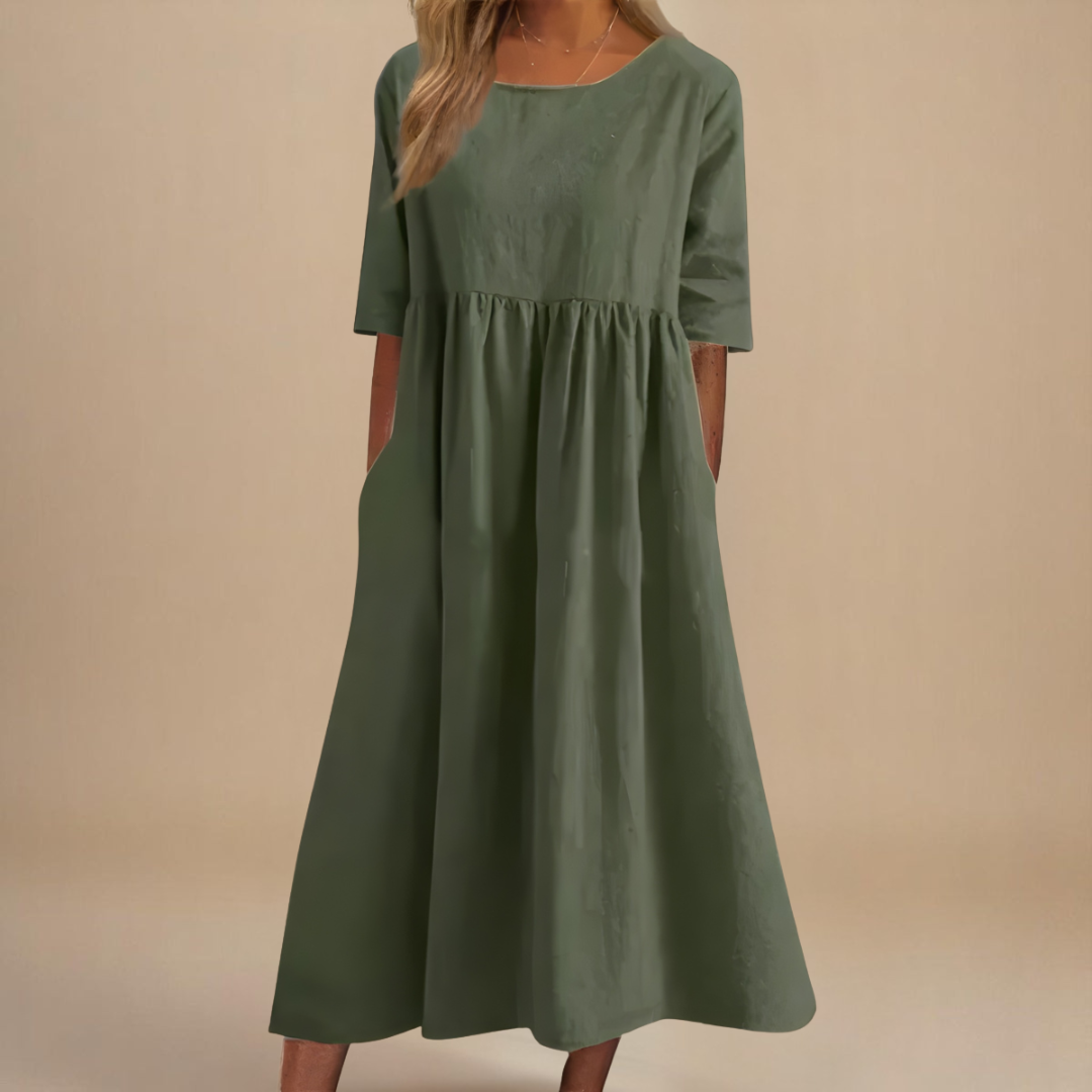 Women's round neck A-line midi dress in blue, pink, green, black, gray and white